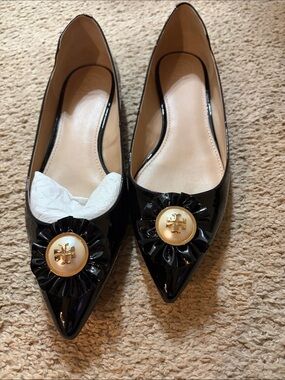 Tory Burch Black Patent Pointed-Toe Flats with Gold Logo Button